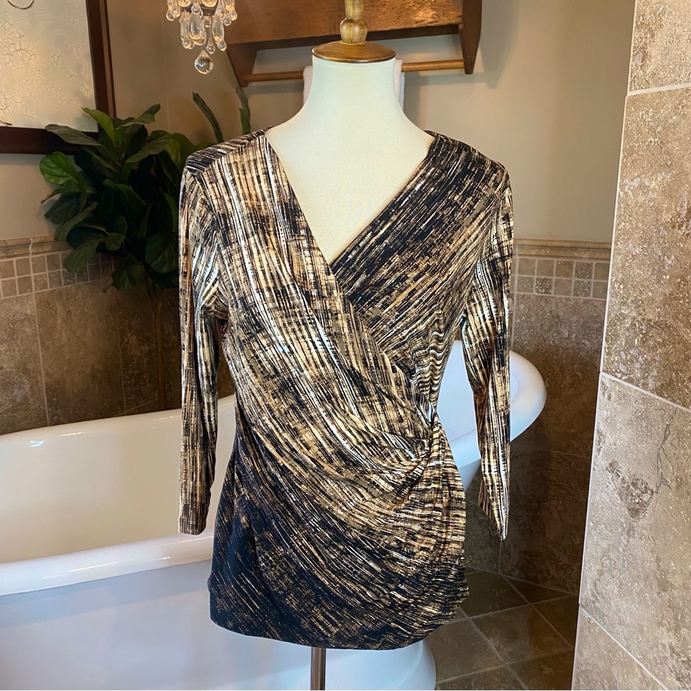 NIC+ZOE Black and Tan Wrap-Style Long Sleeve Top